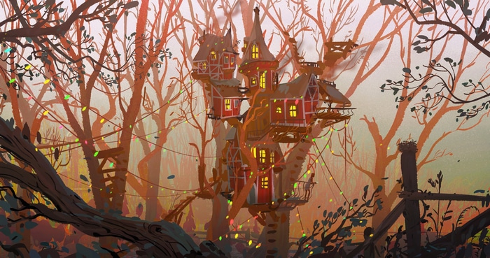 A whimsical treehouse village in a forest with fairy lights