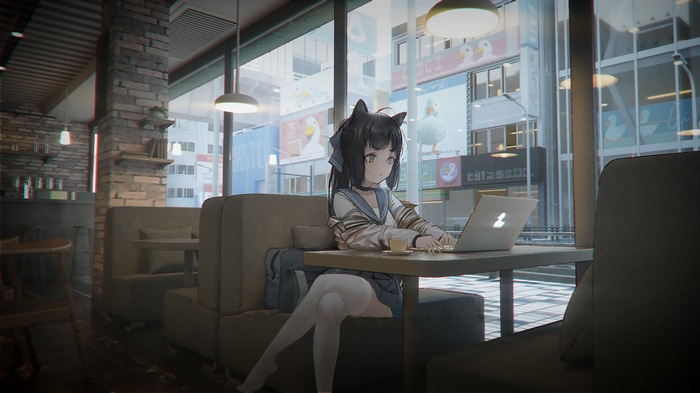 4K anime girl in school uniform at cafe with laptop