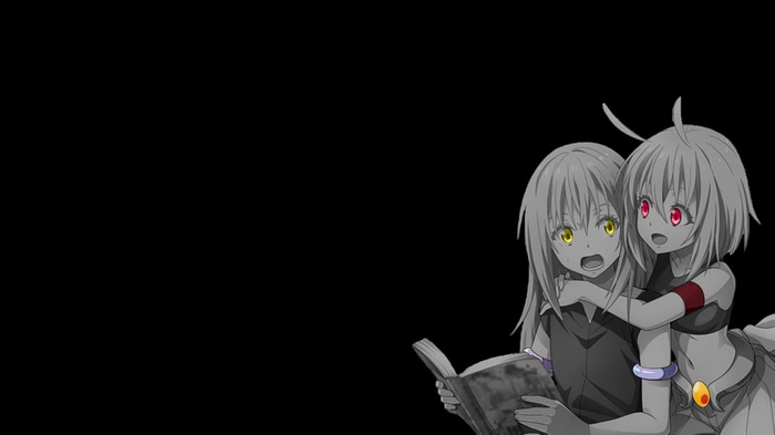 Two anime girls reading a book