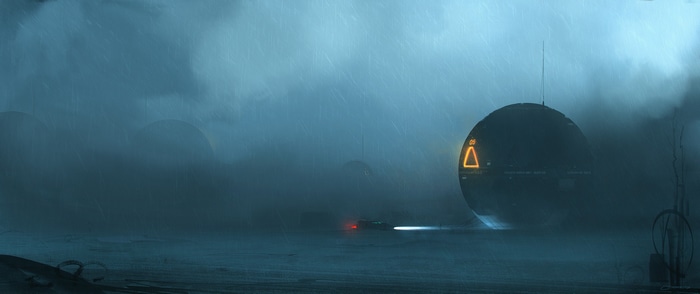 Futuristic spherical structures in the rain