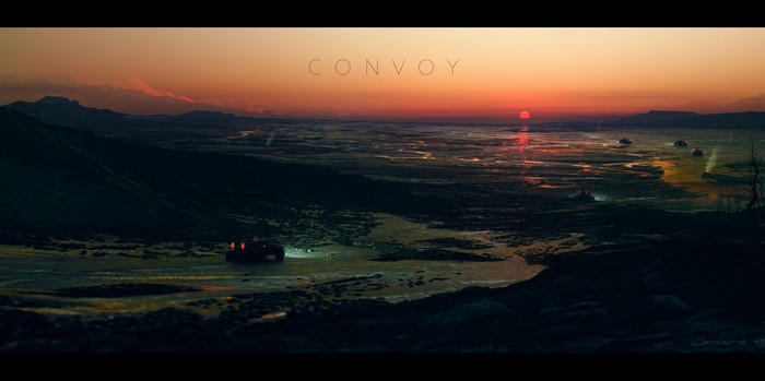 Convoy in a futuristic landscape at sunset