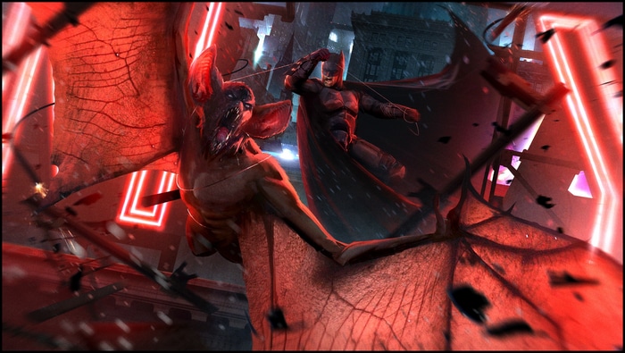 Batman fighting a giant bat creature