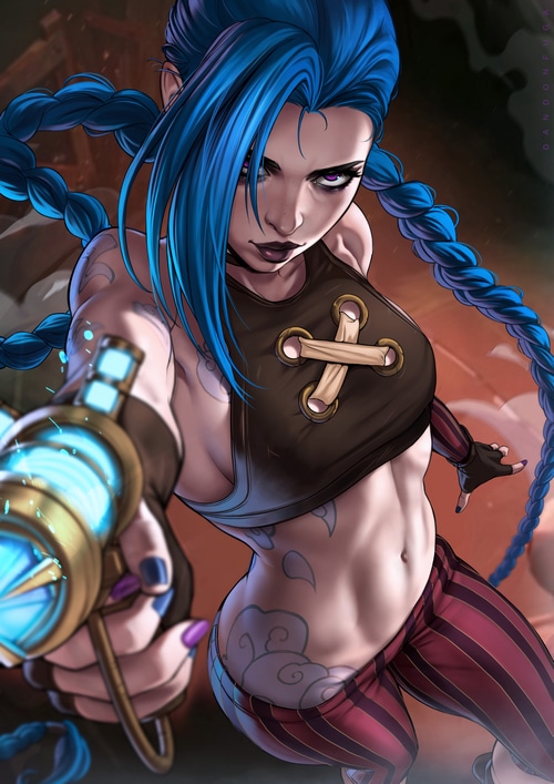 Jinx from League of Legends holding a weapon