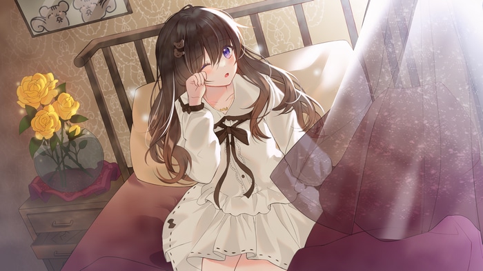 in bed one eye closed Yagen dress brunette
