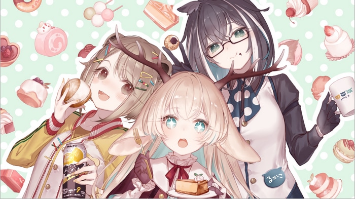 Three anime girls with animal ears and sweets