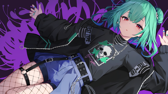 Uruha Rushia with green hair and red eyes