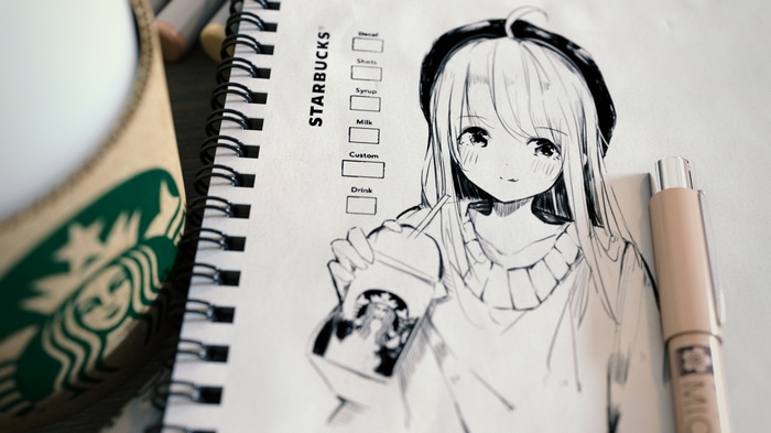 Anime girl with Starbucks drink and notebook