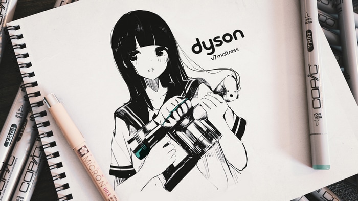 Anime girl with Dyson V7 mattress drawing
