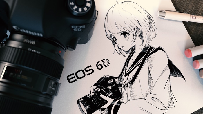 Anime girl with Canon EOS 6D camera and drawing supplies