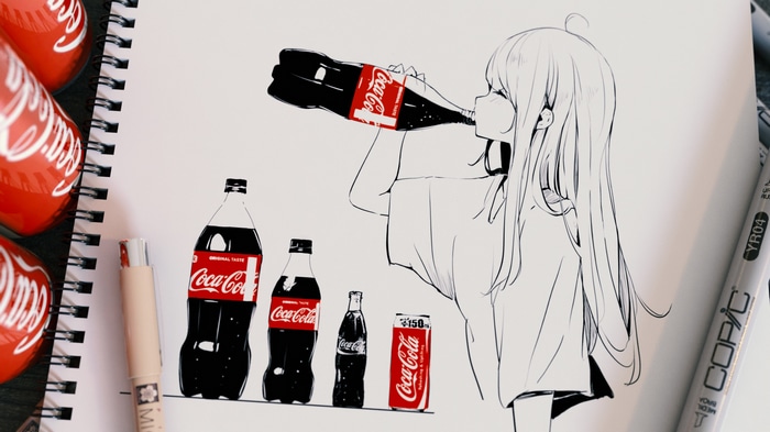 Anime girl drinking Coca-Cola from a bottle