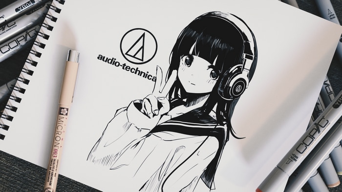 Anime girl with Audio-Technica headphones drawing