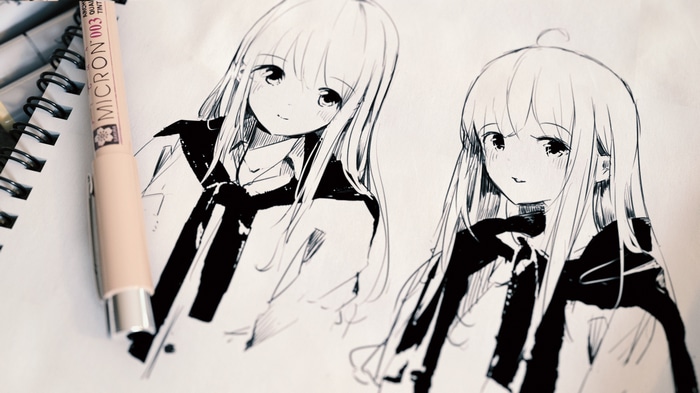 Monochrome artwork of two anime girls by Hanecha1220