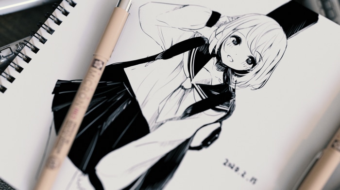 Anime girl in school uniform drawing