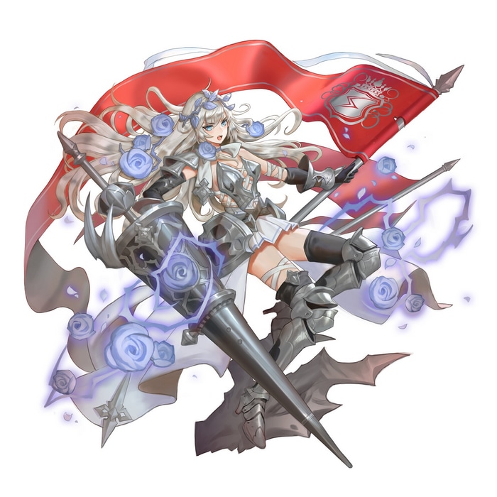 Fantasy girl in armor with roses and a banner
