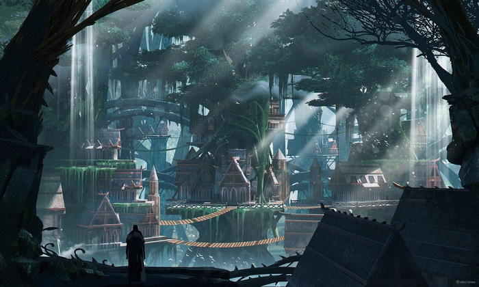 Fantasy art of a city in the trees
