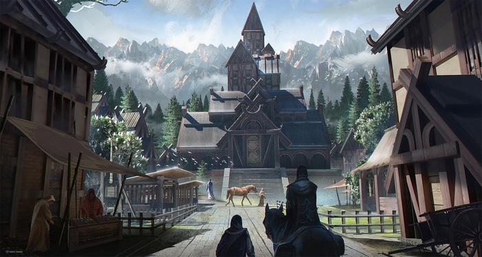 Fantasy village with large wooden building and mountains