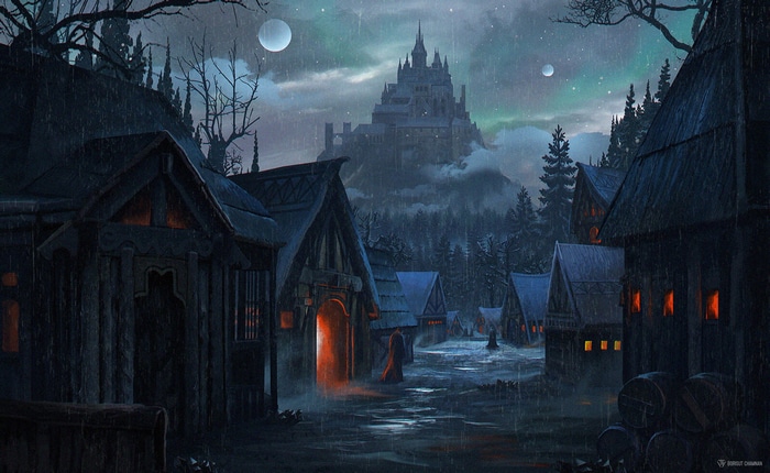Fantasy Village with Castle in the Rain