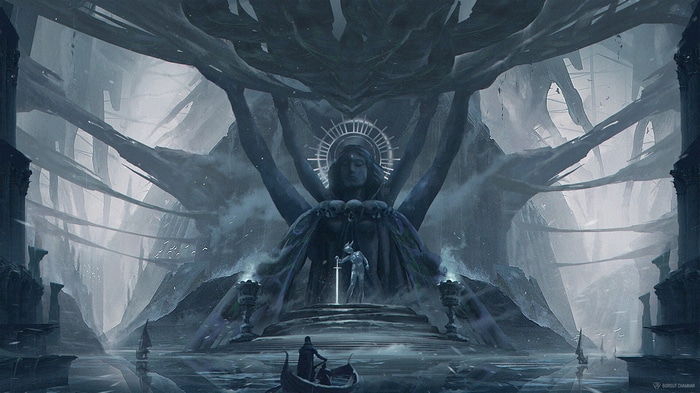 Fantasy art of a knight before a giant statue