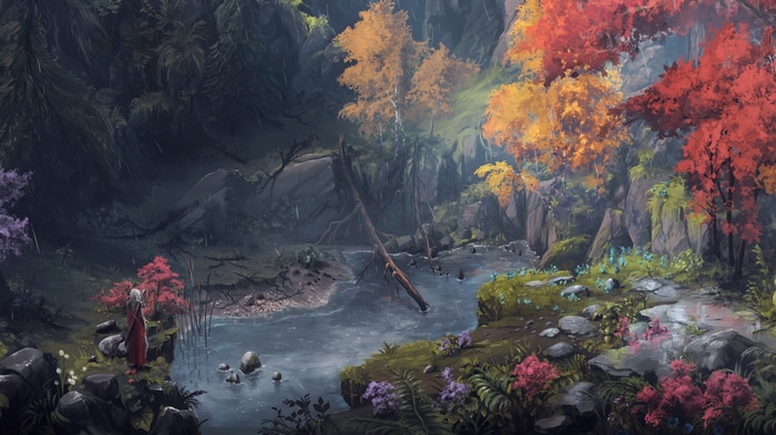Fantasy forest with a river and colorful trees