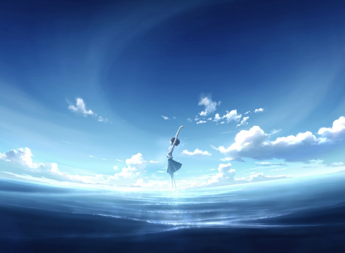 A girl dances on the sea under a blue sky