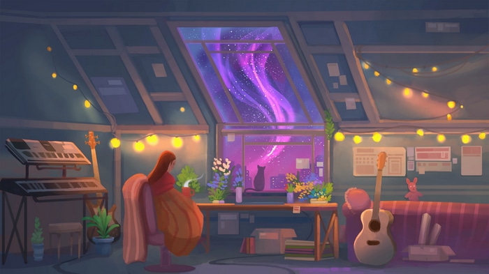 Cozy room with a girl, guitar, and galaxy view