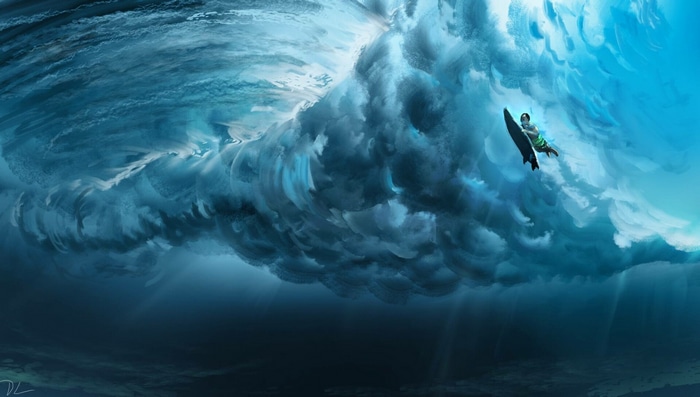 Surfer inside a massive ocean wave