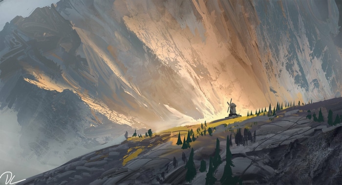 Windmill on a mountain slope at sunset