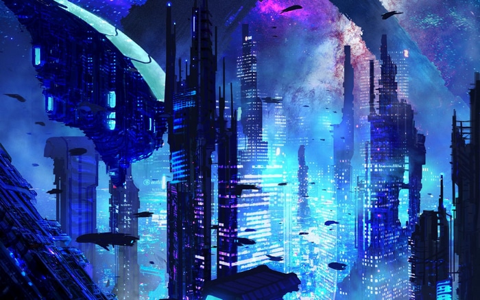 Futuristic blue city with spaceships and galaxy