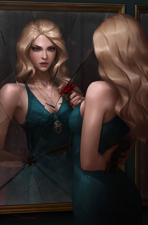 Julia from Cowboy Bebop holding a rose in a broken mirror