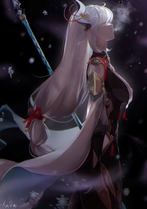 Shenhe from Genshin Impact with a spear in the snow