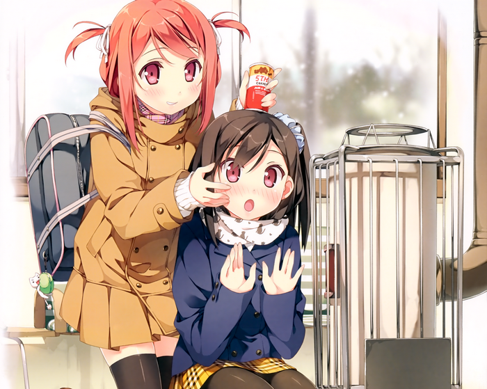 Artwork by Kantoku featuring two girls in winter coats