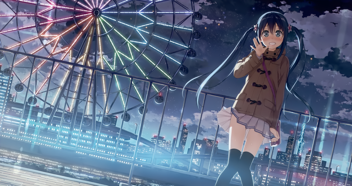 4K Night City Lights with Ferris Wheel and Girl