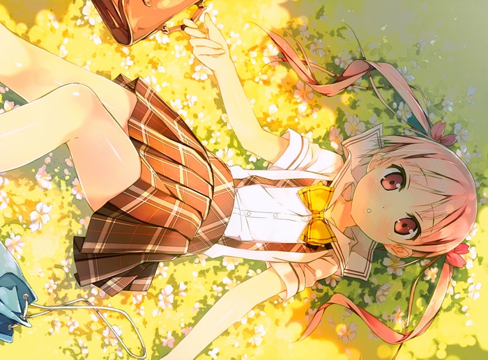 Girl with pink twintails in school uniform lying on grass