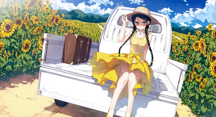 Girl in yellow dress with braids in a truck with sunflowers
