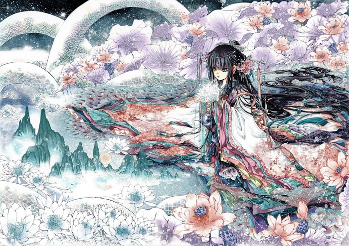 Anime girl in Japanese clothes with lotus flowers