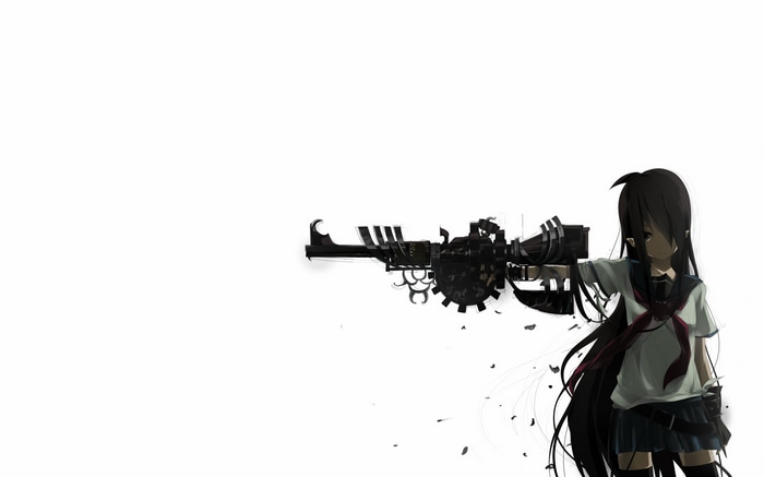 Girl in school uniform holding a large weapon