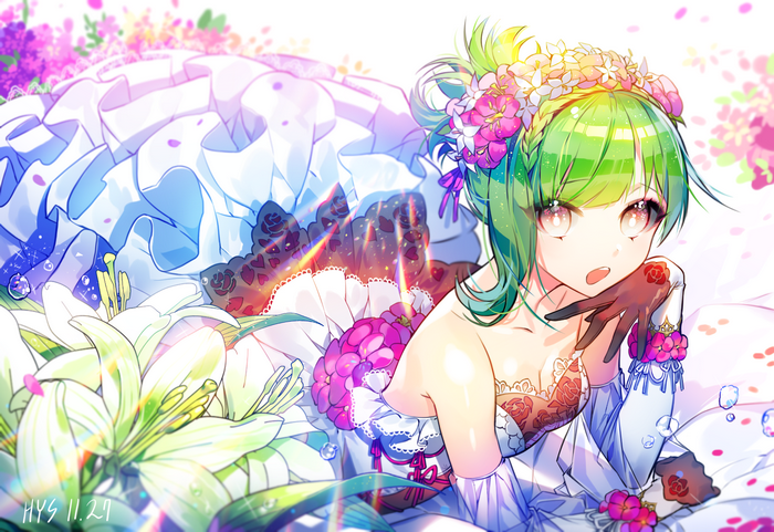 HAYASE with green hair and flowers
