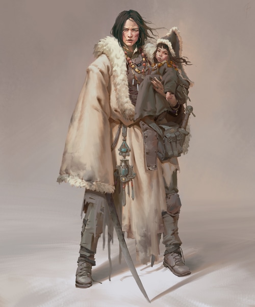 Mother holding a child with a sword
