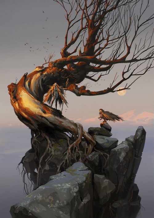 Axel Sauerwald fantasy art of figures on a tree