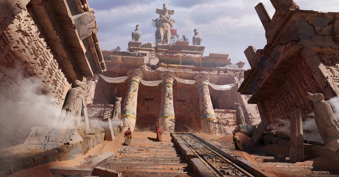 Ancient Egyptian temple with statues and stairs