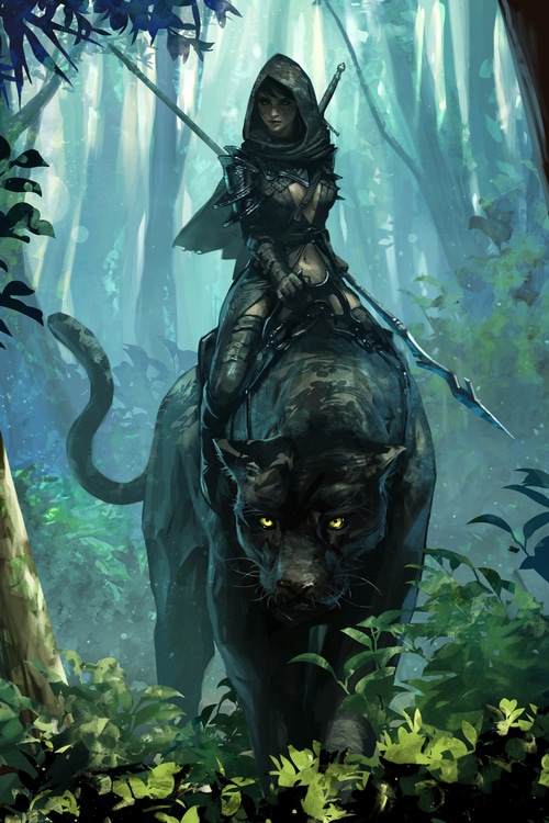 Female warrior riding a black panther in a forest