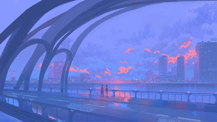 4K Sunset Cityscape with Two Figures