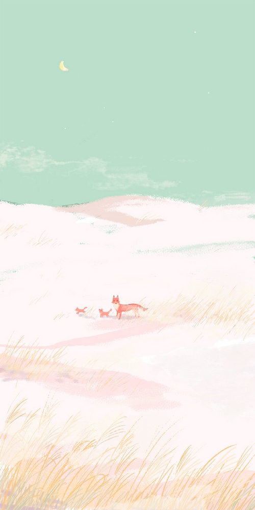 Fox family walking through a snowy landscape under a crescent moon