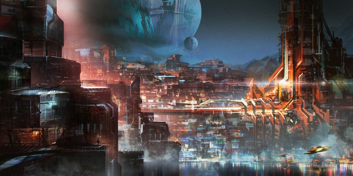 Science fiction city with planets in the sky