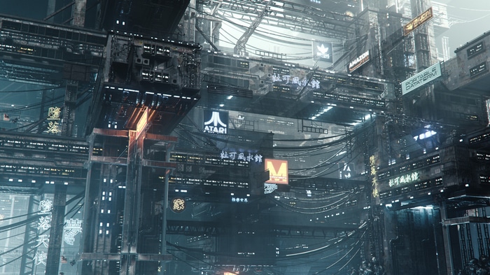Futuristic Cyberpunk Cityscape with Amazon and Atari Signs