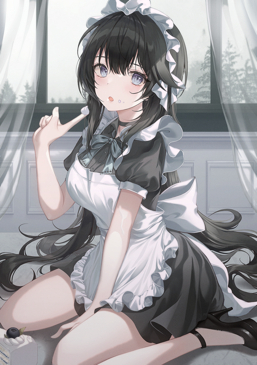 Maid Outfit Girl with Blue Eyes and Cake