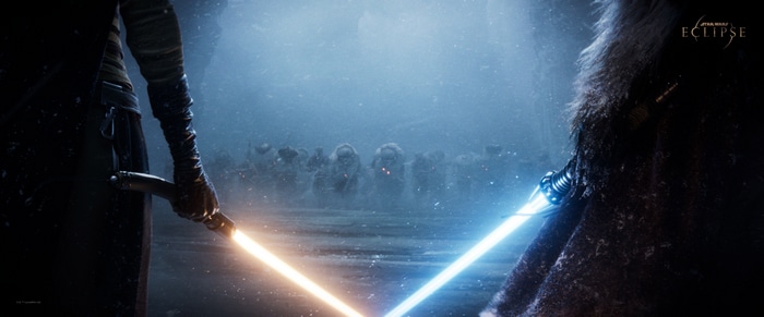 Star Wars Eclipse: Two lightsabers clash in a snowy landscape