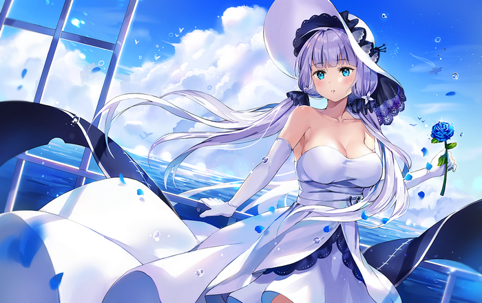 Azur Lane Illustrious in a white dress holding a blue rose