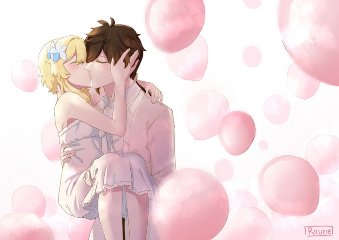 Zhongli and Lumine kissing amidst pink balloons