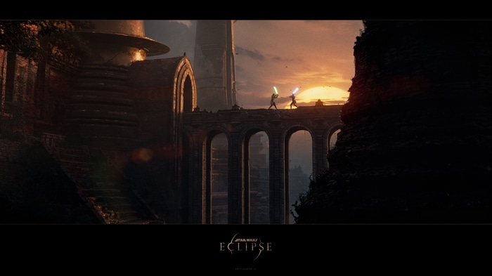 Star Wars Eclipse: Two Jedi duel at sunset